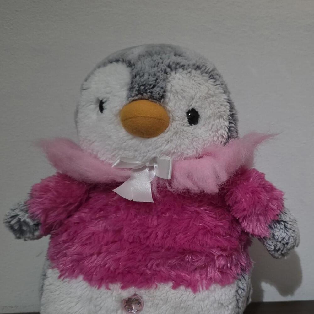 Pink & white penguin plushie with pink bow and pink fluffy scarf #kawaii #cute